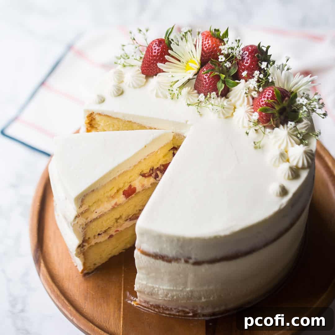A stunning Strawberry Shortcake Cake adorned with fresh strawberries, delicate daisies, and wisps of baby's breath on top, creating a beautiful and delicious centerpiece.