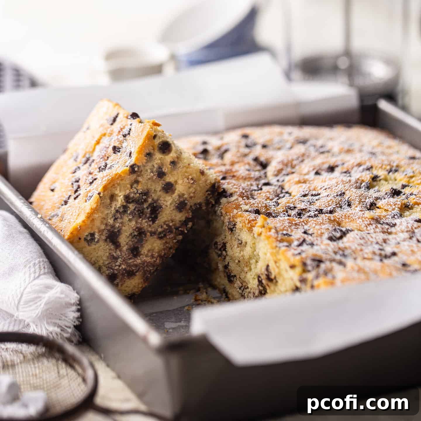 A delightful chocolate chip cake, baked in a square pan and lightly dusted with powdered sugar, showcasing its tender crumb and plentiful chocolate chips.