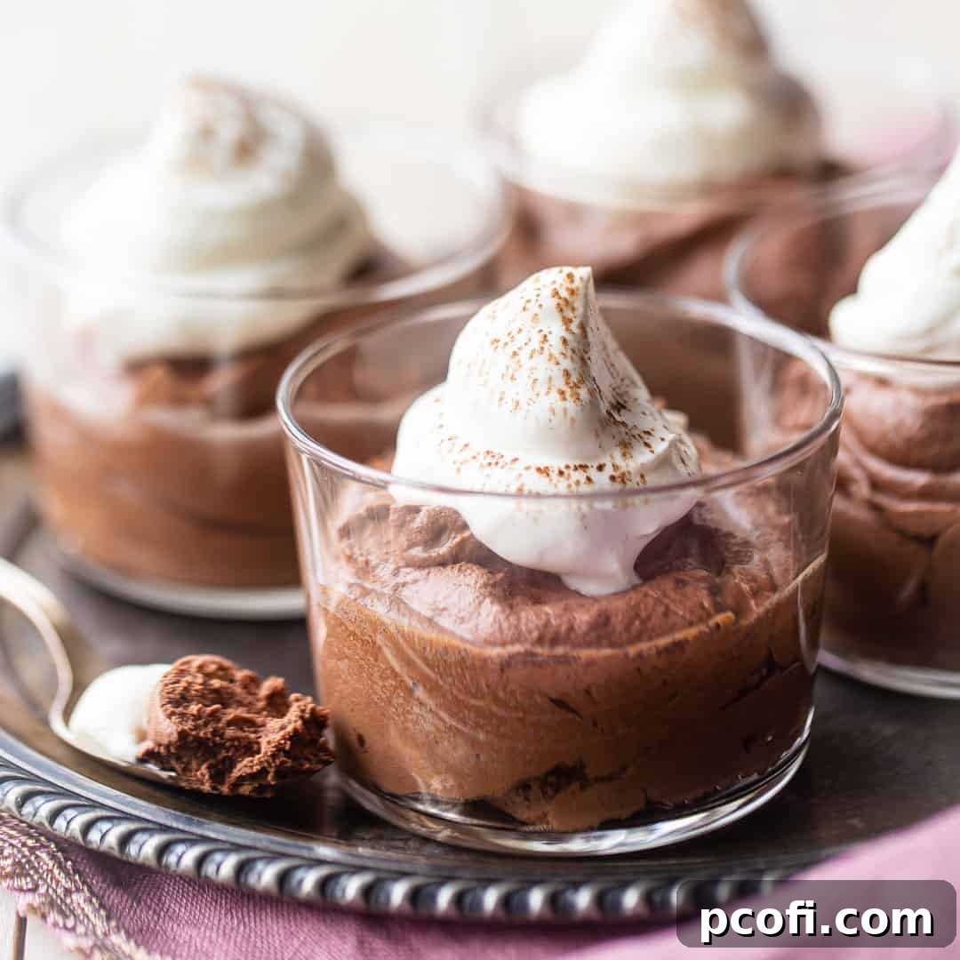 Small, elegant glass bowls filled with rich chocolate mousse, topped with fluffy whipped cream, beautifully arranged on an antique silver tray.