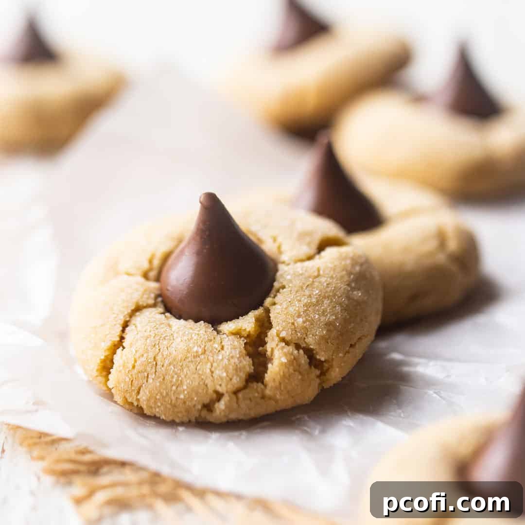A close-up image of classic Peanut Butter Blossoms, showcasing their soft texture and the milk chocolate kiss in the center, set against a clean white background.