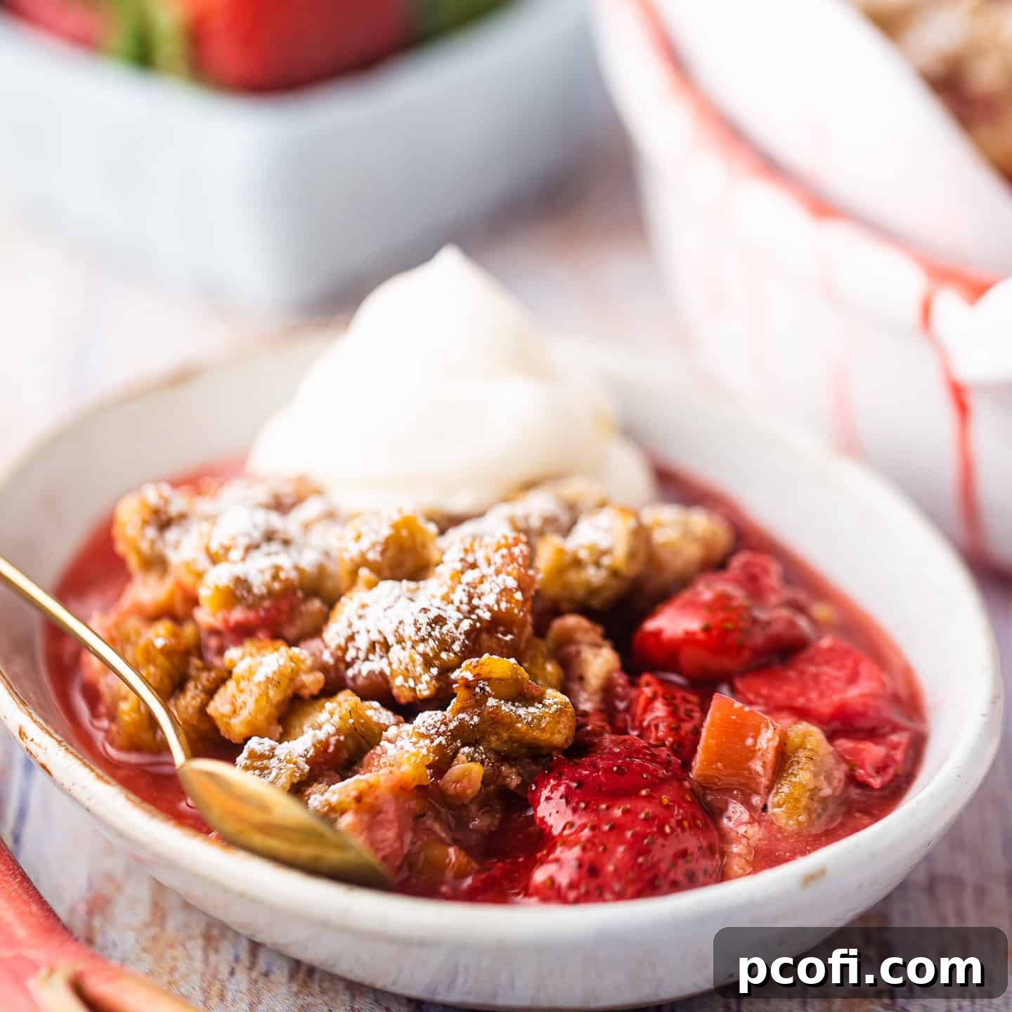 A comforting serving of strawberry rhubarb crisp, presented in a shallow bowl and garnished with a generous dollop of whipped cream, inviting a taste of its seasonal goodness.