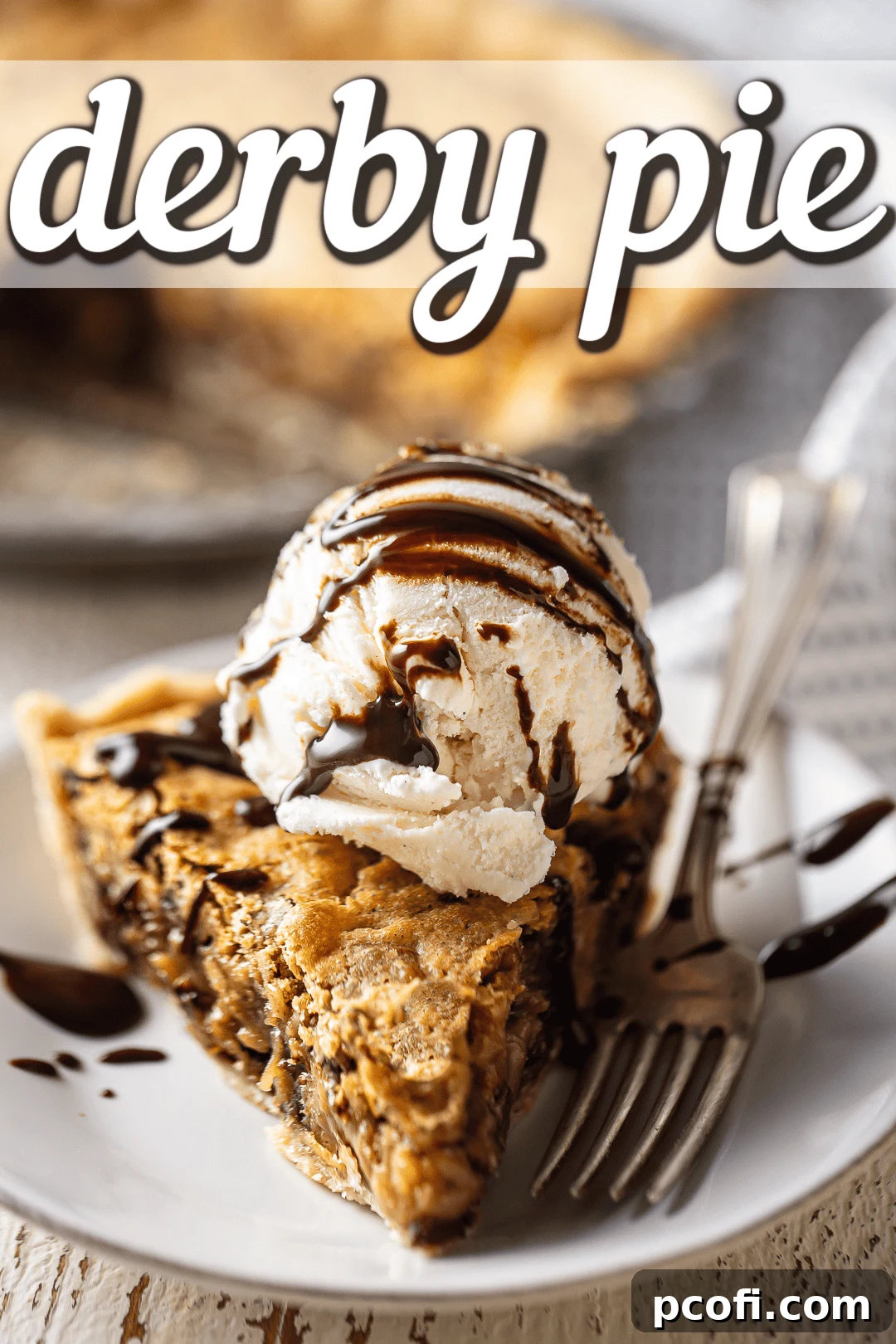 Derby pie recipe, prepared, sliced, and served on a white plate with a vintage silver fork.