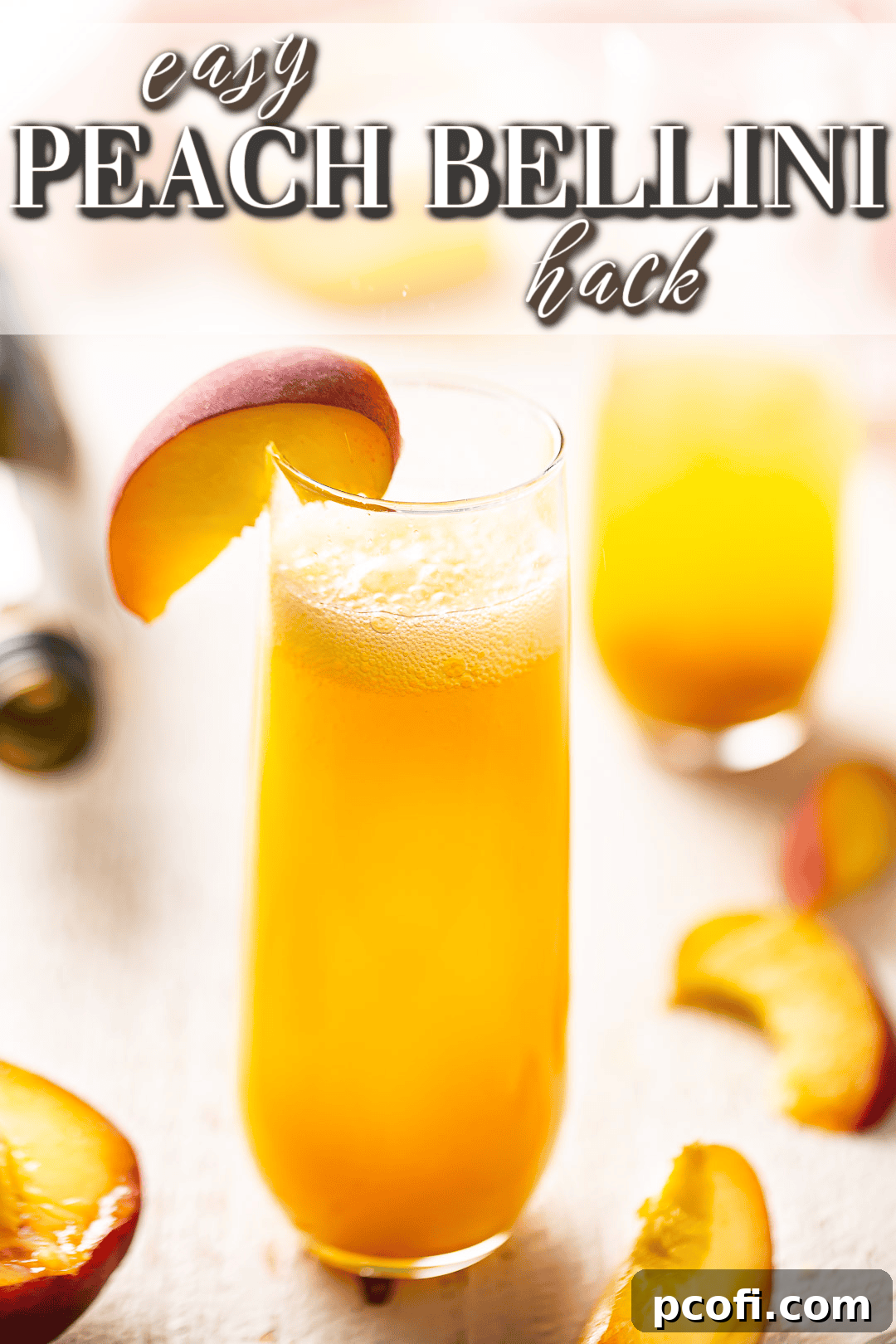 A sparkling Peach Bellini cocktail, served in a classic flute, surrounded by an abundance of fresh, ripe peaches, evoking a sense of freshness and natural flavor.