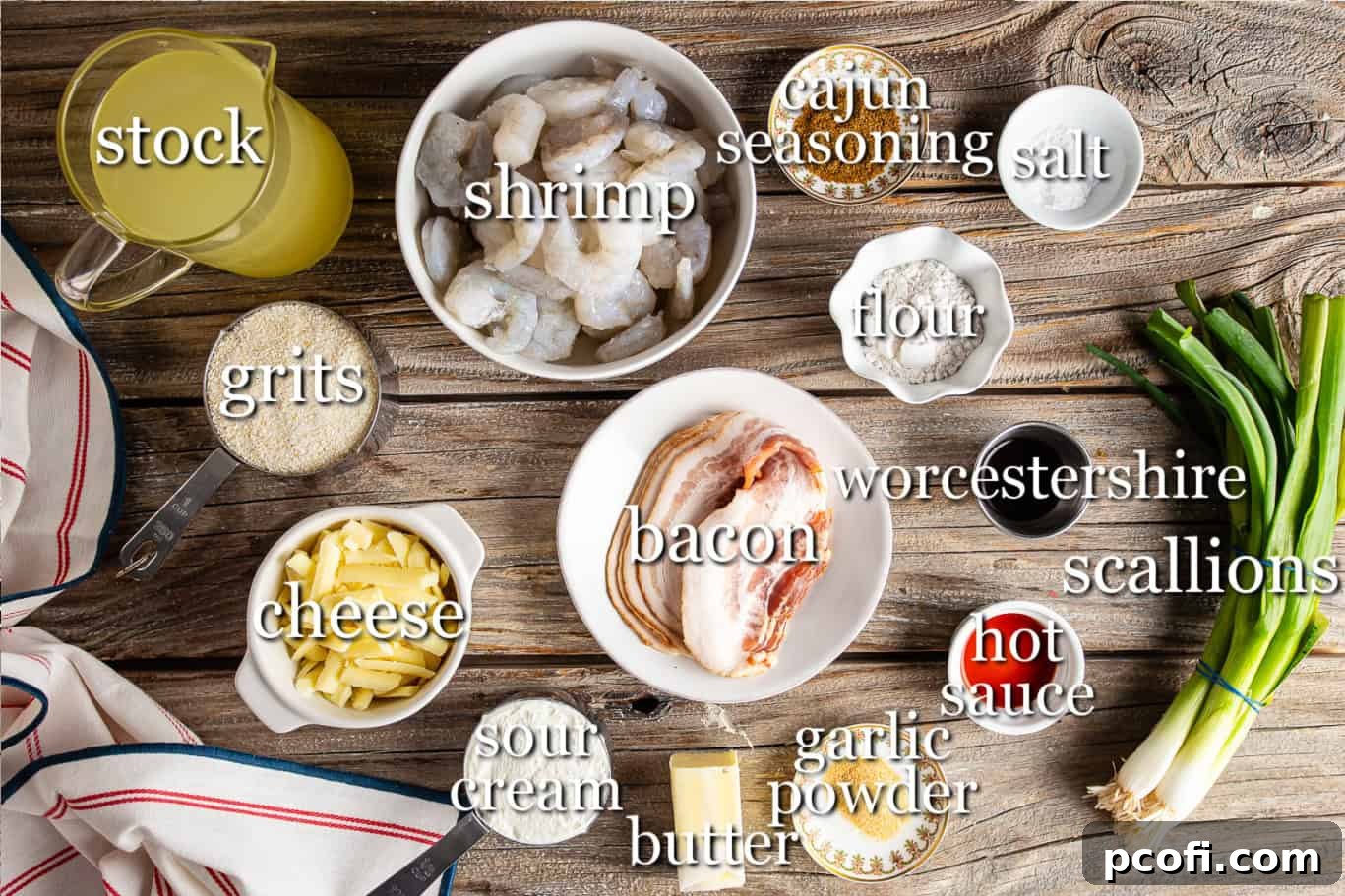Ingredients for making shrimp and grits, with text labels.