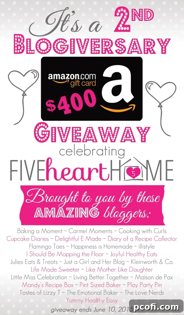 Join the celebration for Five Heart Home's two-year blogiversary with a $400 Amazon gift card prize.