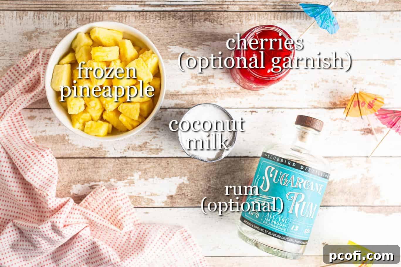 Ingredients for making pina colada with text labels.