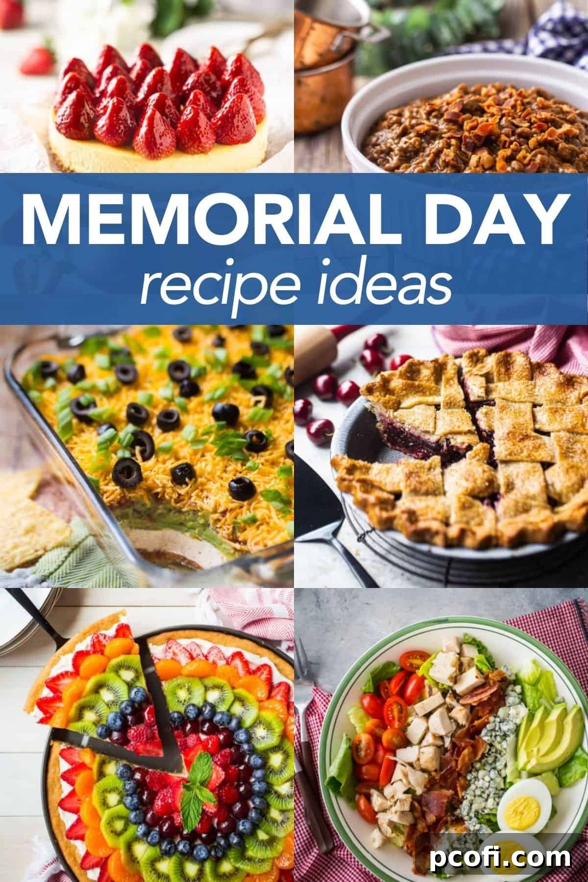 A vibrant collage showcasing a variety of Memorial Day dishes, including grilled foods, salads, and desserts, perfect for a holiday feast.