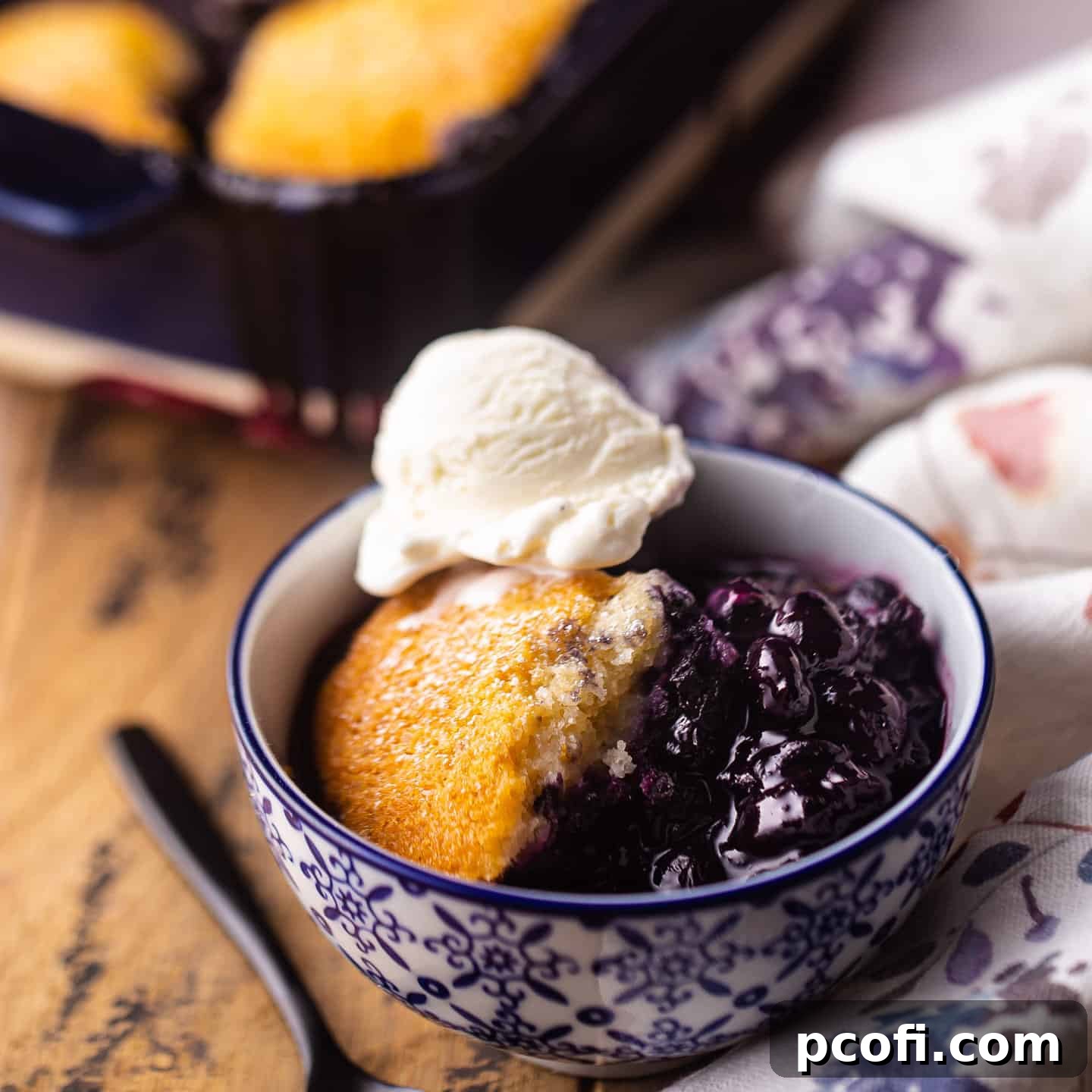 Square image of a bowl of blueberry cobbler topped with a scoop of vanilla ice cream.