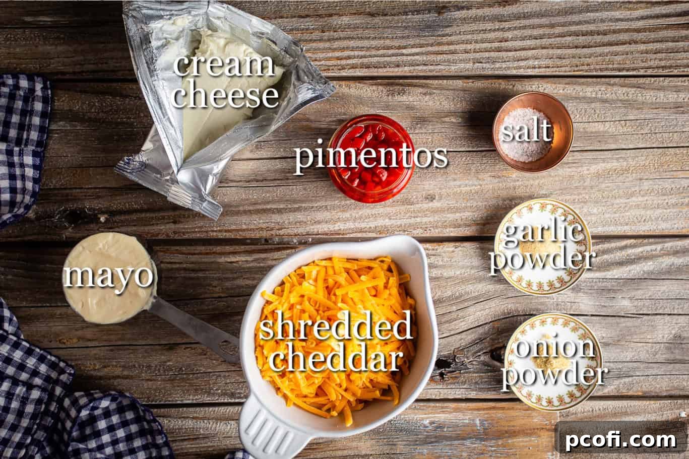 Ingredients for making pimento cheese, with text labels.