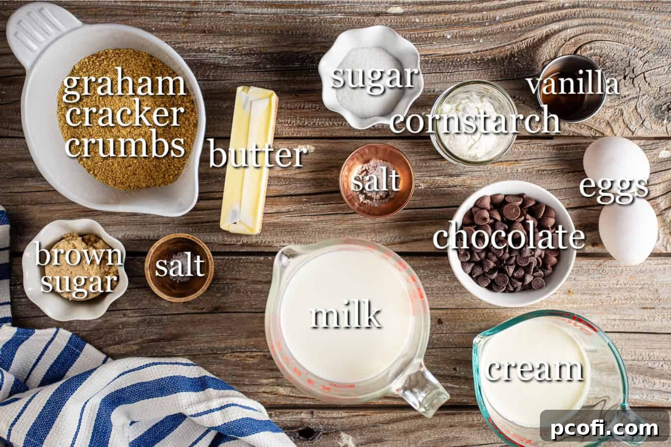 A selection of fresh, high-quality ingredients laid out for making a homemade chocolate pudding pie, with clear text labels for each item.
