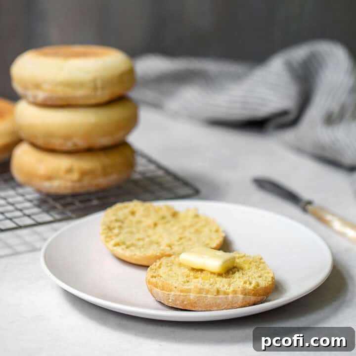 Freshly baked English muffins on a plate with butter, ready to be enjoyed.