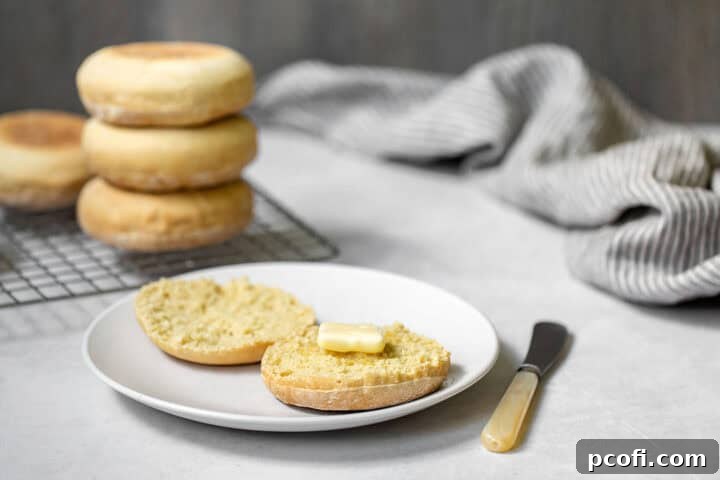 A close-up of homemade English muffins on a plate, showcasing their perfect texture and golden color.