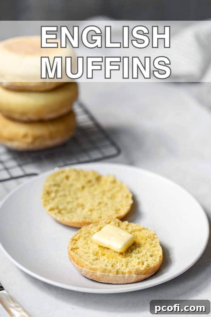 A stack of golden brown English muffins on a plate, ready to be split and toasted.