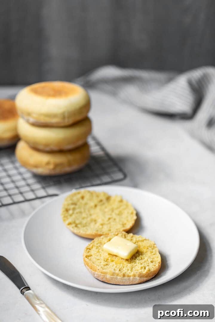 A plate of homemade English muffins, one split open and buttered, ready to be enjoyed.