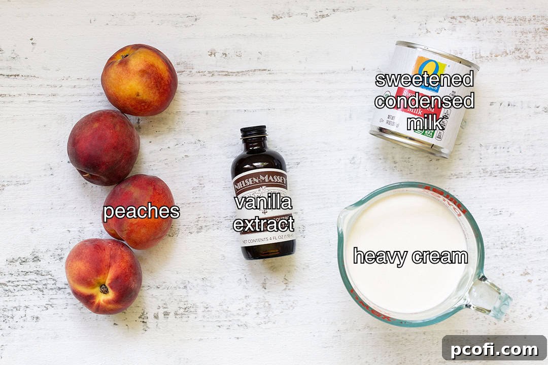 Ingredients laid out for a peach ice cream recipe, including peaches, cream, condensed milk, and vanilla