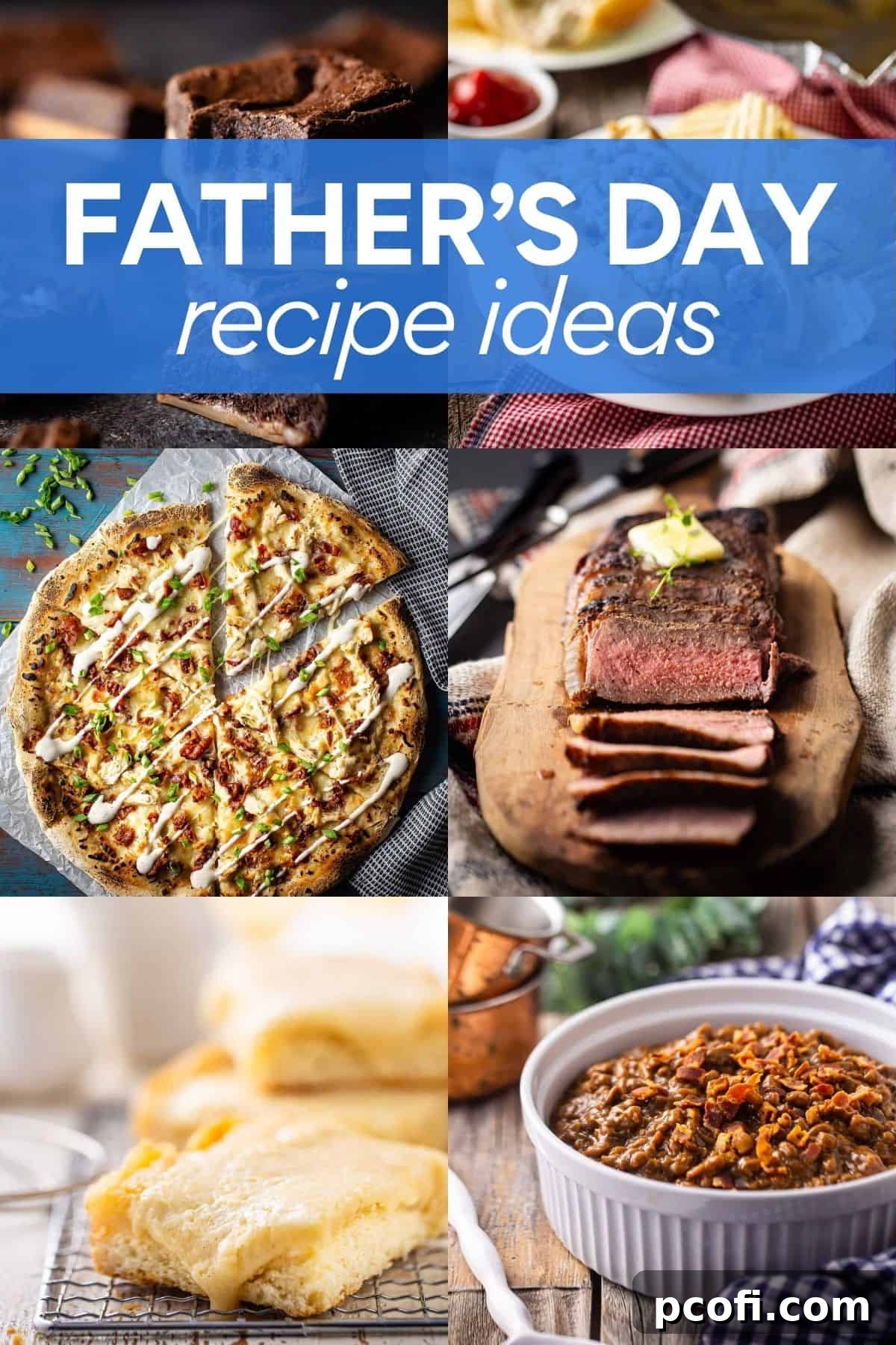 A vibrant collage of various Father's Day dishes, including grilled meats, sweet treats, and savory meals, with a festive text overlay.