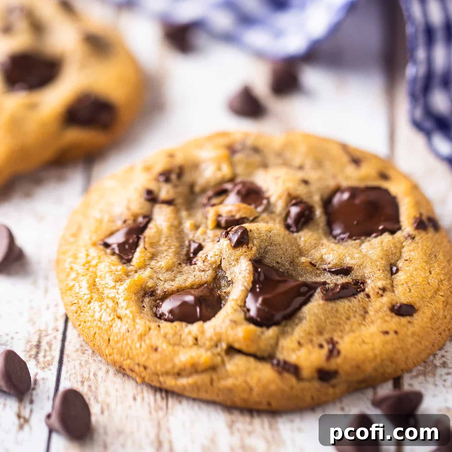 Close up image of a chocolate chip cookie on a distressed white table, surrounded by chocolate chips.