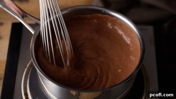 Homemade chocolate pudding thickened with cornstarch and eggs.