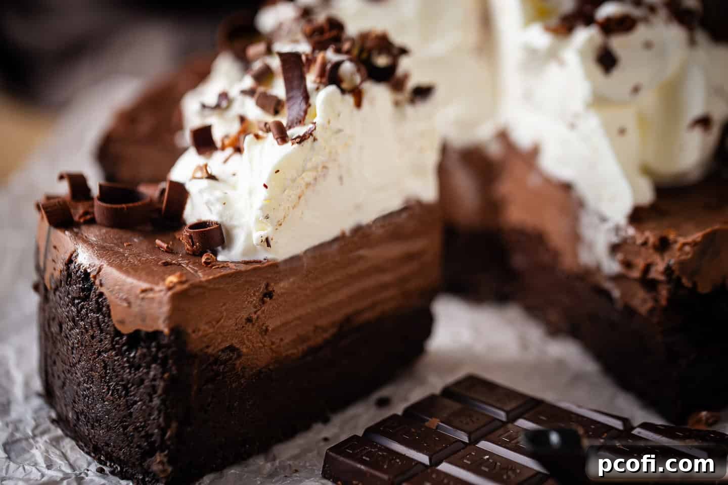 Easy Mississippi mud pie recipe, prepared and sliced to display the many layers.