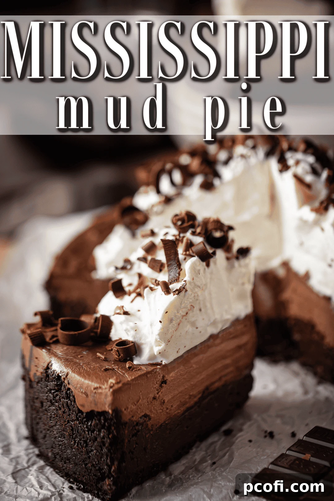 Mississippi mud pie recipe, prepared and cut into slices.