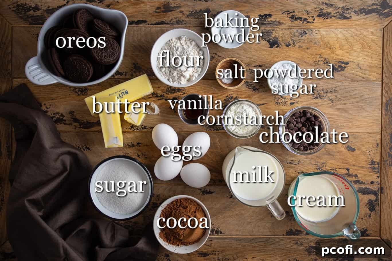 Ingredients for making Mississippi mud pie, with text labels.