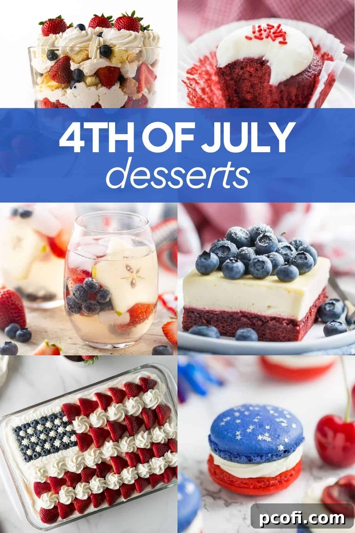 A vibrant collage of various 4th of July desserts, showcasing patriotic colors and festive themes like berry tarts, cheesecakes, and pies.
