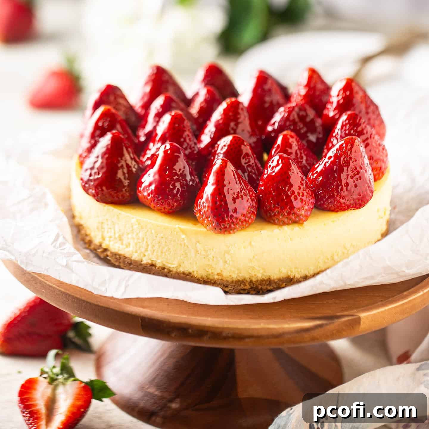 A beautifully presented strawberry cheesecake on a rustic wooden cake pedestal, garnished with fresh berries.