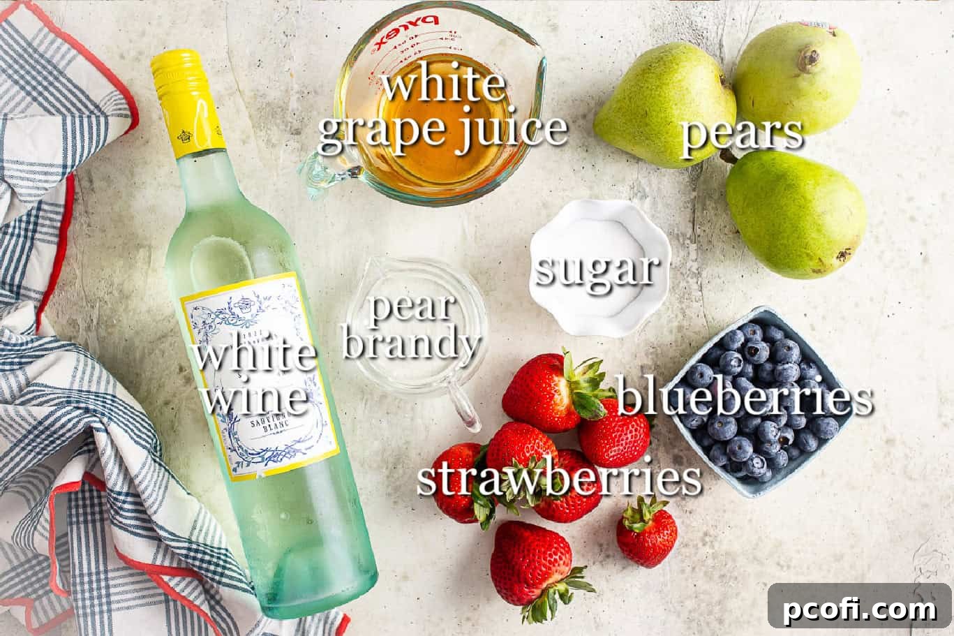 Ingredients for making white sangria, with text labels.