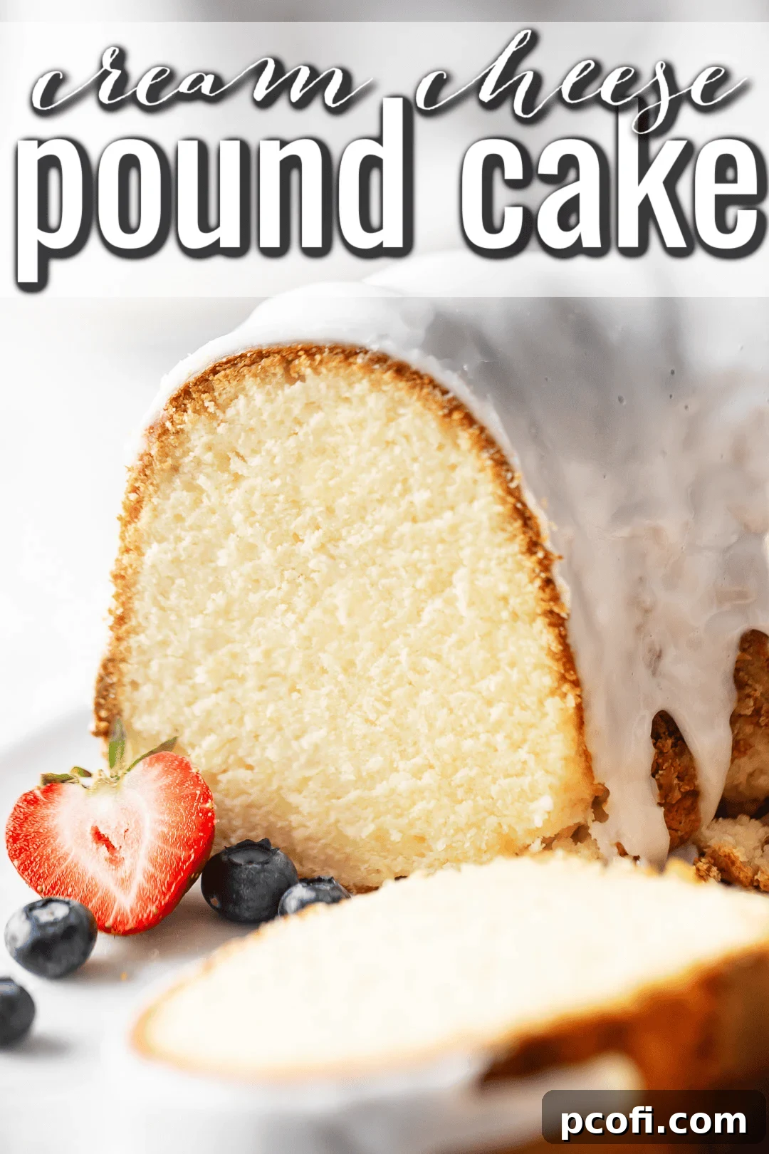 Cut end of a cream cheese pound cake bundt displaying the fine, even crumb.