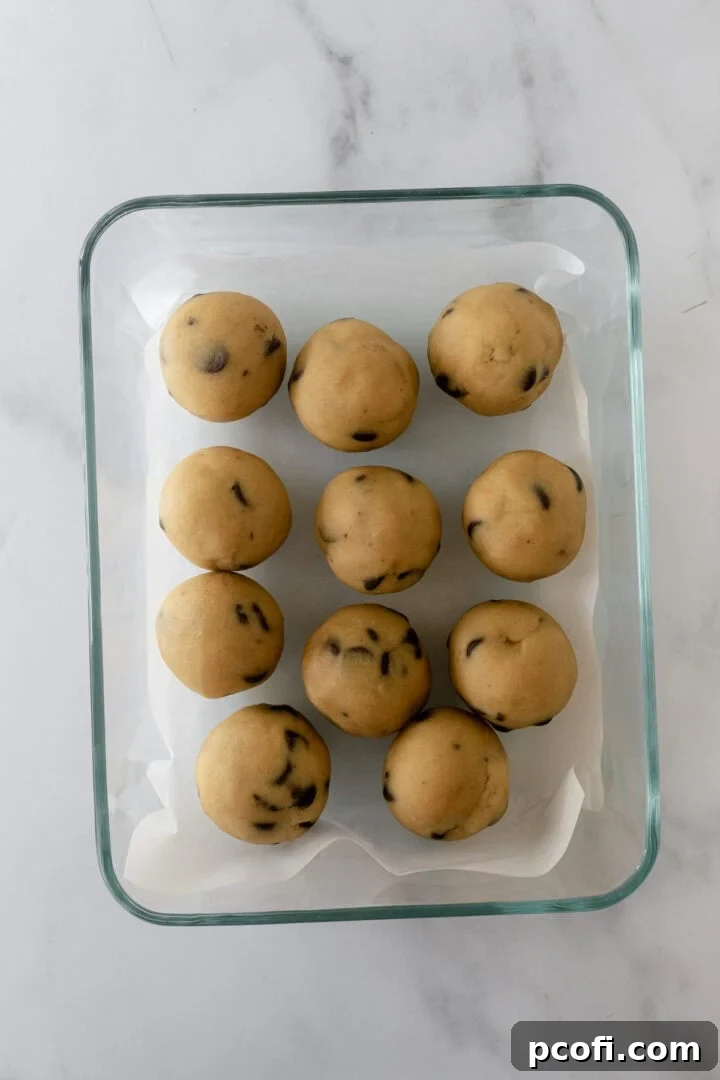 Frozen cookie dough balls neatly stacked in a glass container, separated by parchment paper for convenience.