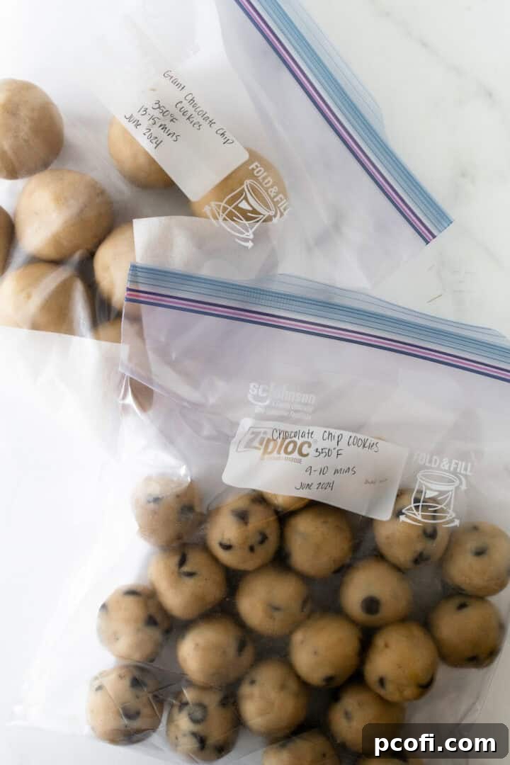 Multiple batches of frozen cookie dough balls clearly labeled within zipped-top freezer bags.