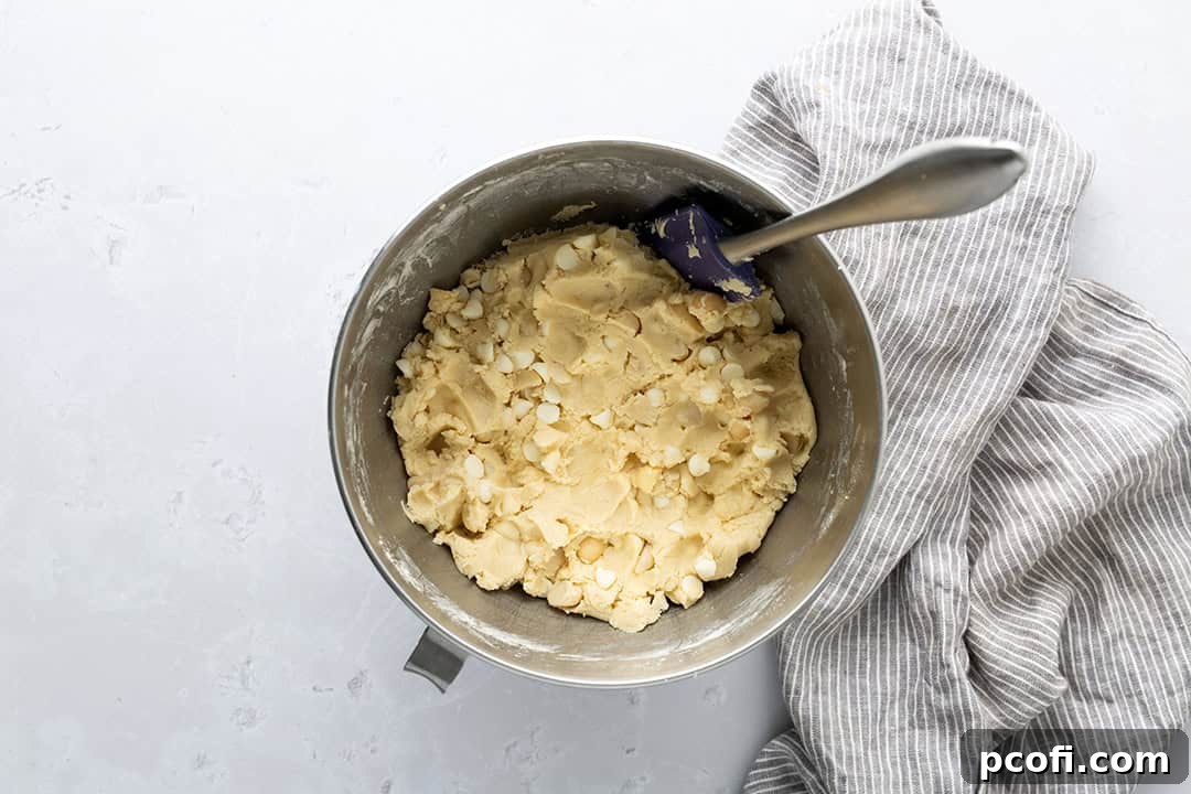 White chocolate and macadamia nuts added to cookie dough.