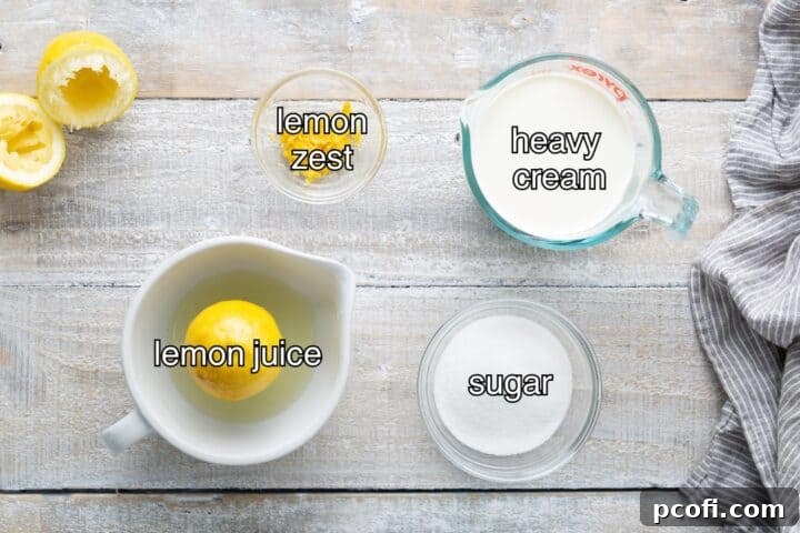 Fresh lemons, heavy cream, and granulated sugar, the three key ingredients for making a delicious lemon posset.