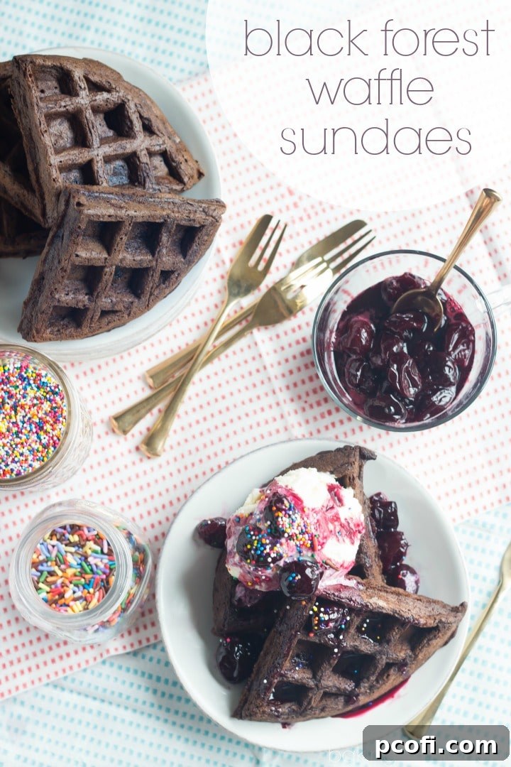 Close-up of a double chocolate waffle sundae with fresh cherries and vanilla ice cream.