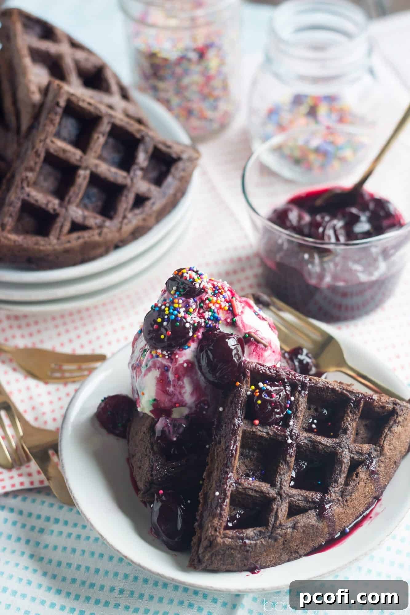 Indulgent Black Forest Waffle Sundae with chocolate waffles, vanilla ice cream, and cherry sauce.