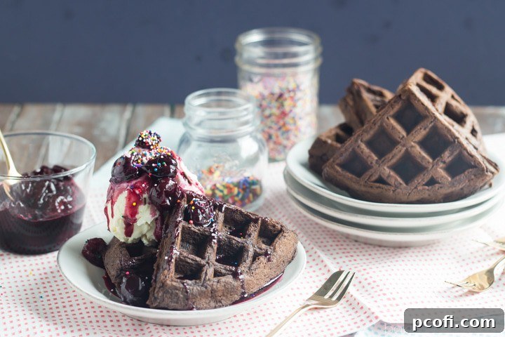 Delicious Black Forest Waffle Sundae with a homemade cherry sauce and vanilla ice cream.