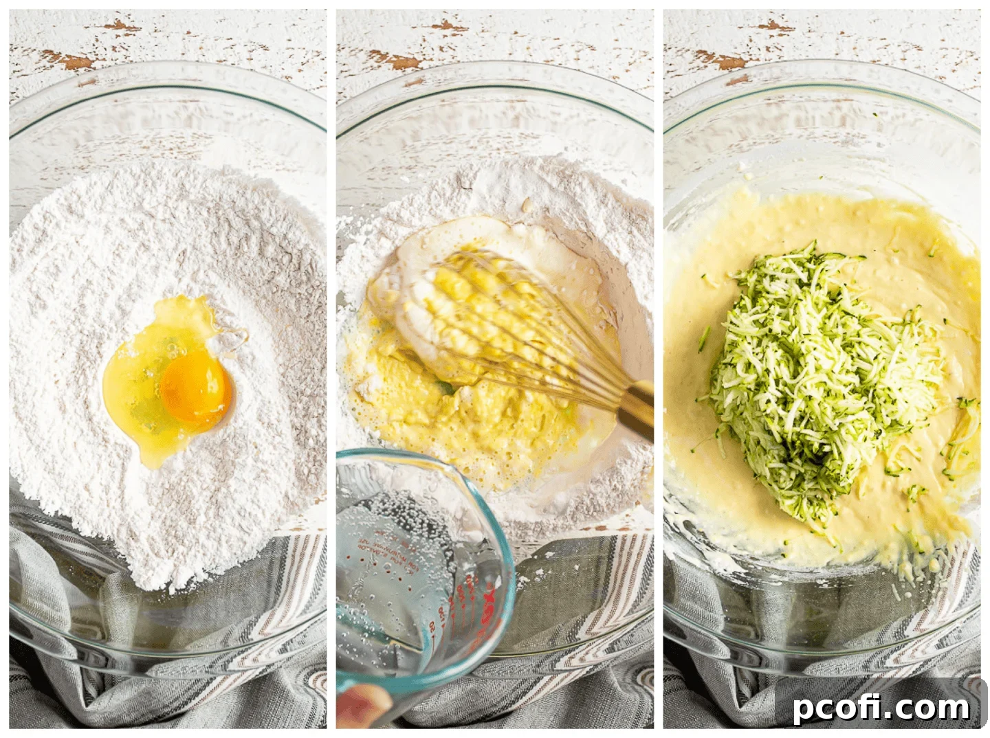 A step-by-step image collage illustrating the process of mixing ingredients to create a perfect zucchini fritter batter.