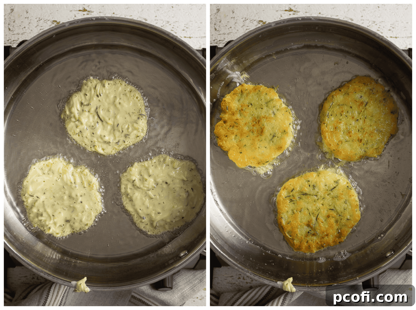 A visual guide showing zucchini fritters cooking to a golden crisp on both sides in hot oil within a large skillet.