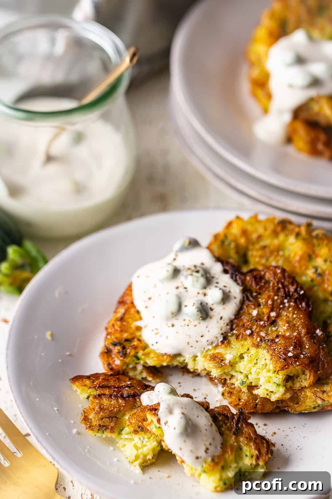 A close-up shot of crispy zucchini fritters being enjoyed with a generous serving of creamy lemon caper sauce.