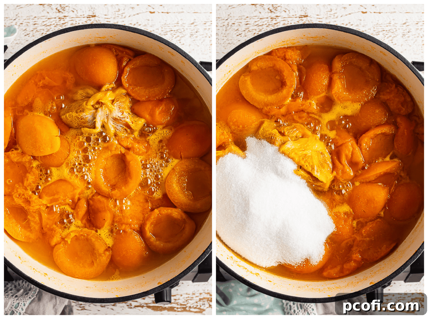 Collage showing fresh apricots boiling in a pot with a cheesecloth sachet of apple cores and peels.