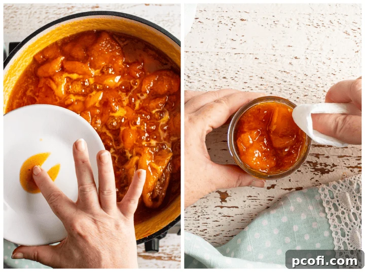 Image collage demonstrating how to test jam for doneness and how to properly clean jar rims.