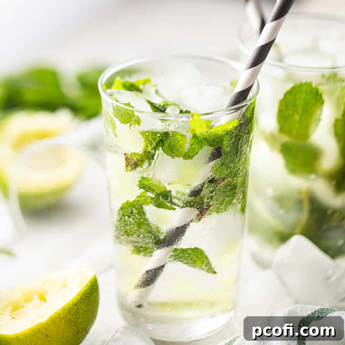 A perfectly crafted Mojito in a tall, clear glass, brimming with fresh mint, lime wedges, and sparkling ice cubes.