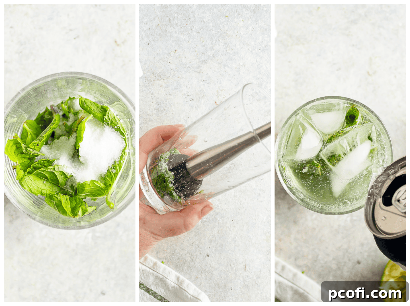 A visual collage illustrating the three simple steps to prepare a mojito cocktail: muddling, adding ice, and topping with sparkling water.