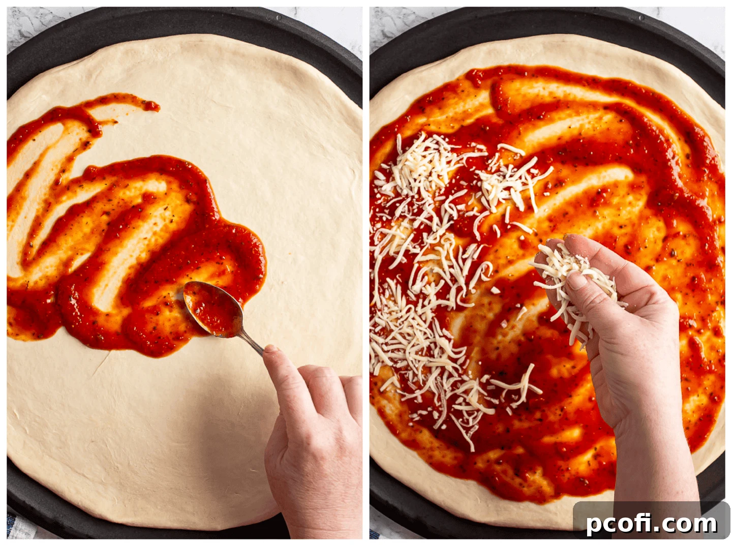 A two-panel image showing the first steps of making corn pizza: on the left, tomato sauce is spread evenly over pizza dough; on the right, shredded mozzarella cheese is sprinkled over the sauce.