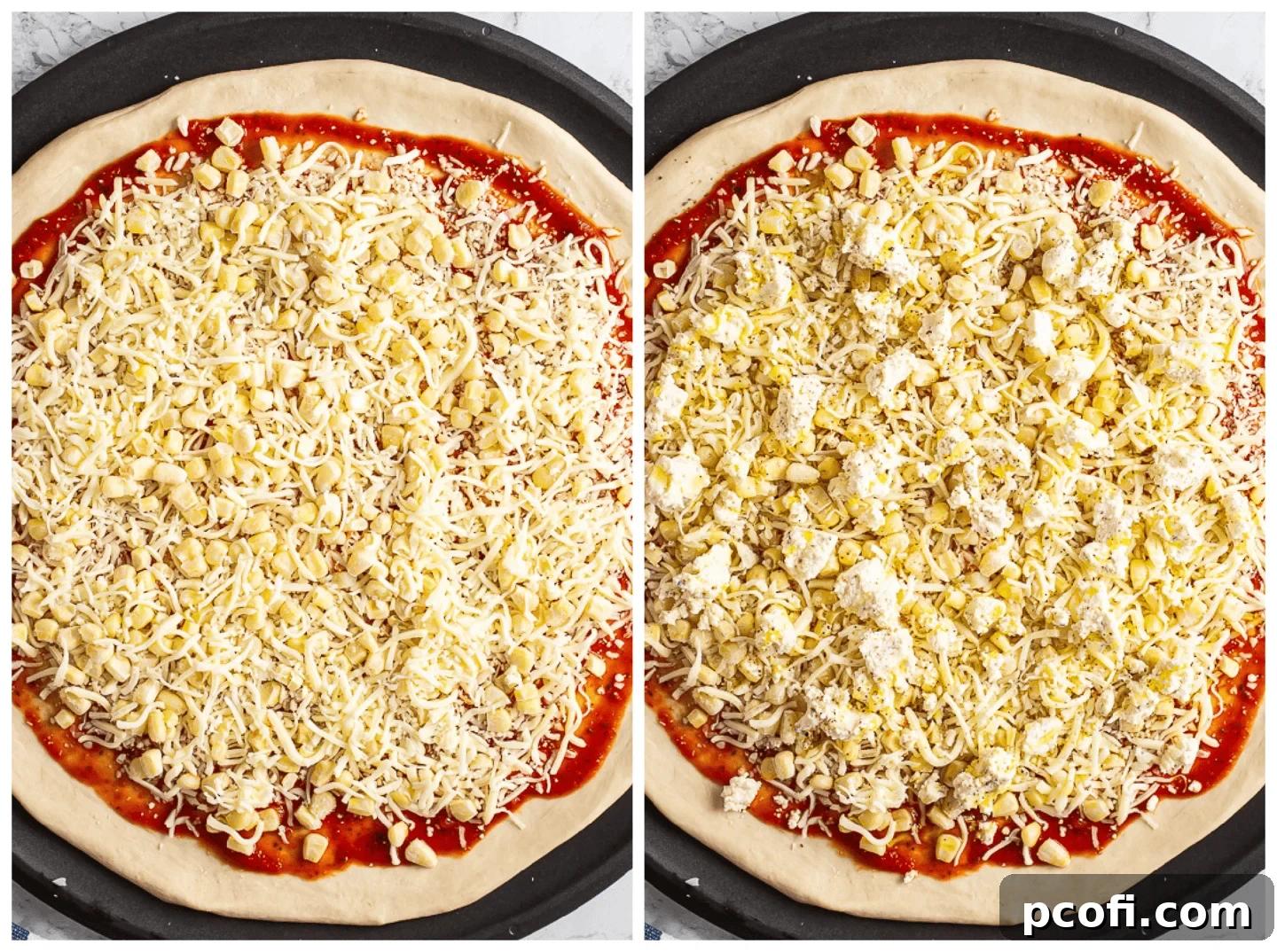 A two-panel image demonstrating the topping process for corn pizza: on the left, corn kernels are scattered over cheese on pizza dough; on the right, creamy Boursin garlic and herb cheese is crumbled on top of the corn and mozzarella.