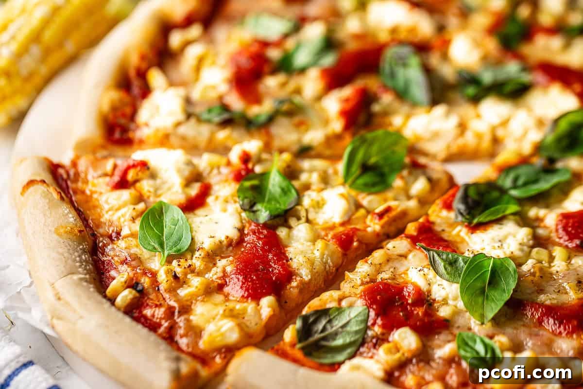 Close-up detail shot of a single slice of corn pizza, showcasing the melted mozzarella and Boursin cheese, sweet corn kernels, and vibrant fresh basil leaves on a perfectly baked crust.