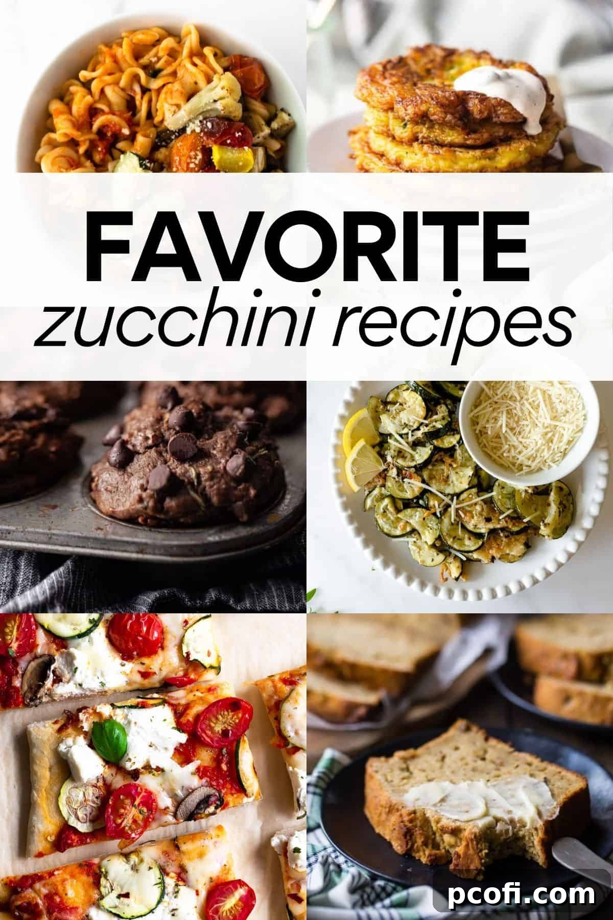 A collage of various delicious zucchini recipes, including muffins, fritters, and roasted dishes, with an overlay text announcing 'Favorite Zucchini Recipes'.