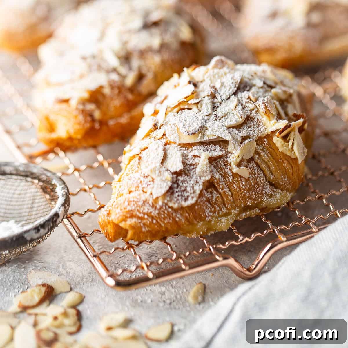 Close up image of an almond croissant on a rose gold wire rack, topped with powdered sugar.