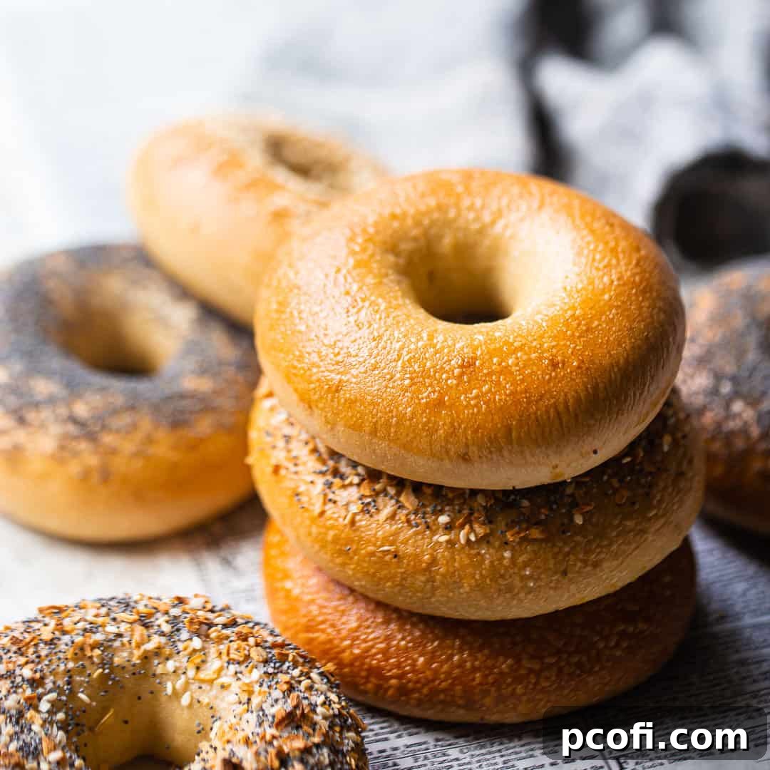 Bagel recipe, baked and served on clean newspaper, with plain, poppy seed, sesame seed, and everything bagels shown.