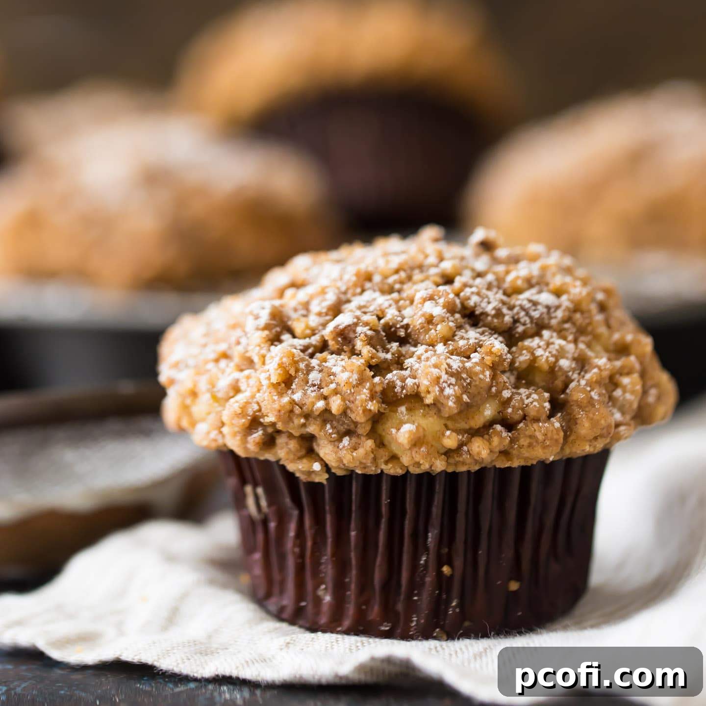 Best Crumb Cake Muffins Recipe, showing a muffin with streusel topping.